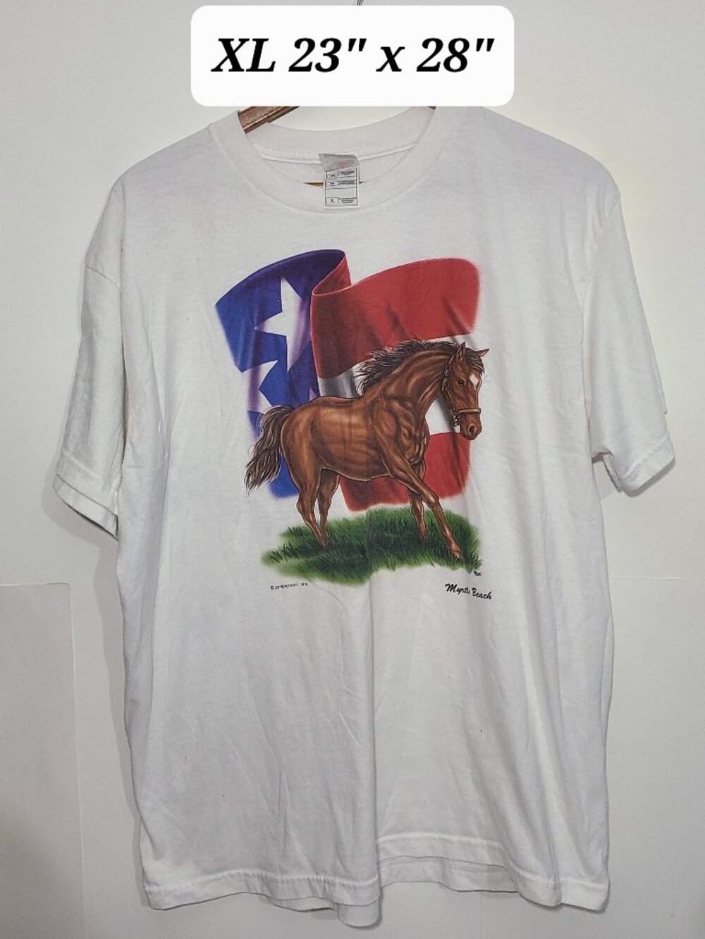 Vintage Y2K White Horse/Flag Myrtle Beach XL T-Shirt Distressed